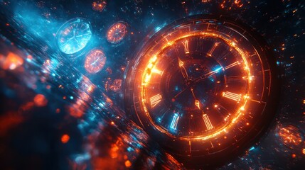 Obraz premium Abstract time limit scene with distorted timepieces and vibrant colors.