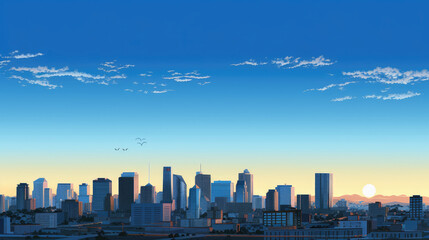 Fototapeta premium Serene City Sunrise with Mountains in the Background