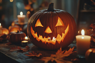 Carved Halloween pumpkin with a glowing candle on a rustic table