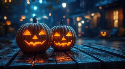 Fototapeta premium Halloween pumpkins with carved faces on a wooden table against a dark night city street background 