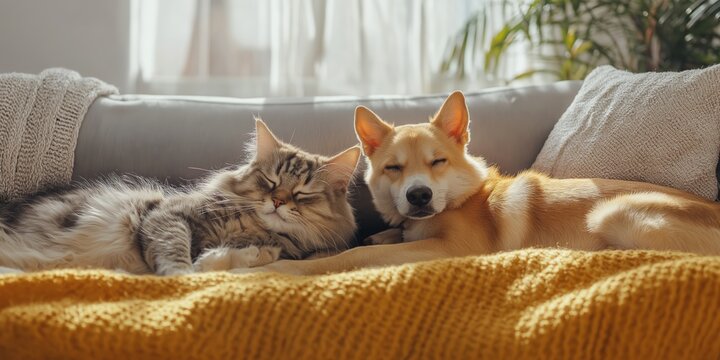 Cat and dog cozy, resting together on a yellow blanket