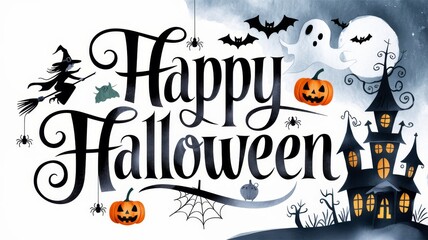 Celebrate Halloween with this fun card showcasing spooky characters like witches, ghosts, bats, and haunted houses.