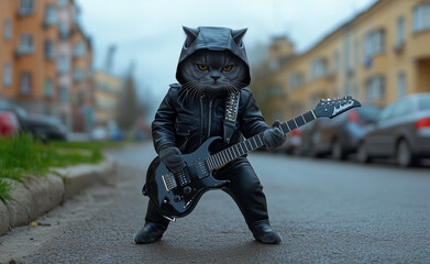 Scottish Fold dressed as a rock guitarist wearing a leather jacket generated by AI
