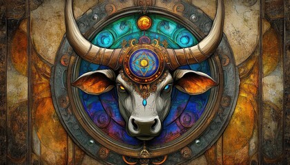 Obraz premium Fantasy illustration resembling stained glass featuring a steampunk design of the Taurus horoscope symbol in an oval format