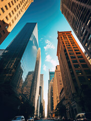 Obraz premium Urban Canyon of Glass Skyscrapers on a Sunny Day