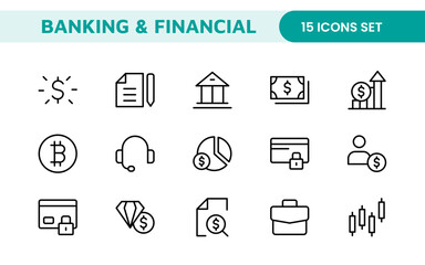Banking and Financial Solutions Icons: A Professional Set for Financial Services, Banking Interfaces, Investment Tracking, Economic Planning, and Budgeting