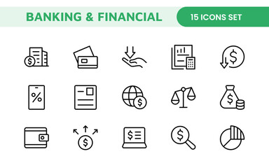 Banking and Financial Solutions Icons: A Professional Set for Financial Services, Banking Interfaces, Investment Tracking, Economic Planning, and Budgeting
