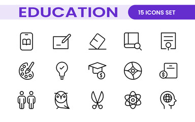 Education line icons collection. Big UI icon set in a flat design. Thin outline icons pack. Thin line icons set of academic subjects and education. Outline symbol collection.