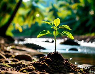 A volunteer placing a seedling into a hole during a reforestation project beside the river