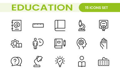 Education line icons collection. Big UI icon set in a flat design. Thin outline icons pack. Thin line icons set of academic subjects and education. Outline symbol collection.