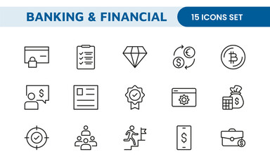 Banking and Financial Solutions Icons: A Professional Set for Financial Services, Banking Interfaces, Investment Tracking, Economic Planning, and Budgeting