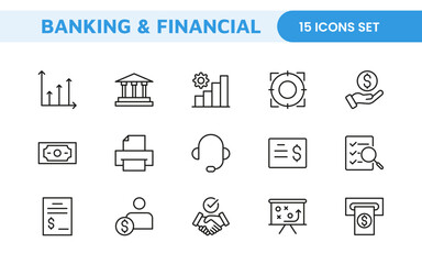 Banking and Financial Solutions Icons: A Professional Set for Financial Services, Banking Interfaces, Investment Tracking, Economic Planning, and Budgeting