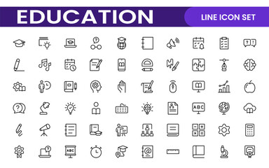 Education line icons collection. Big UI icon set in a flat design. Thin outline icons pack. Thin line icons set of academic subjects and education. Outline symbol collection.