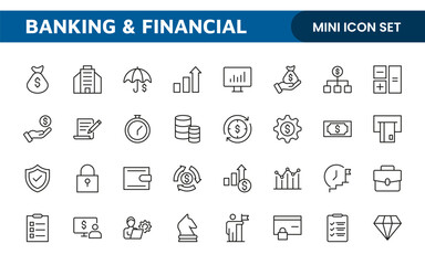 Banking and Financial Solutions Icons: A Professional Set for Financial Services, Banking Interfaces, Investment Tracking, Economic Planning, and Budgeting