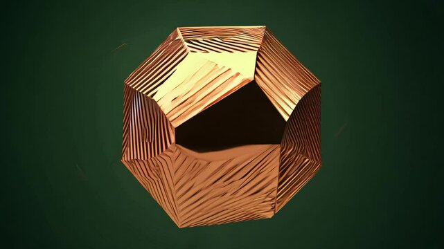 Realistic 3D animation of the abstract morphing liquid iridescent copper fragmenting dodecahedron rendered in UHD, dark green background