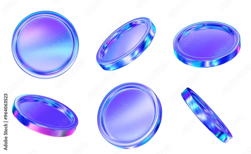 Wall mural 3d set holographic or neon coins with different angles. symbol of gold and wealth. stock vector illu