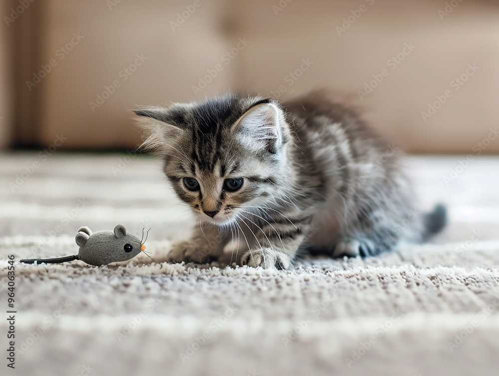 Wall mural a kitten playing with a small toy mouse, the concept of animal care, love, pets, lifestyle