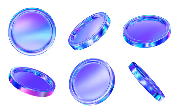 3D set holographic or neon coins with different angles.  Symbol of gold and wealth. Stock vector illustration on isolated background.