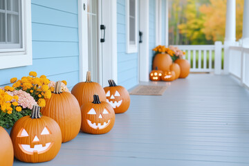 Obraz premium Pumpkin Porch: A cheerful autumn scene with a row of glowing jack-o'-lanterns on a front porch. A charming backdrop for your fall projects or festive celebrations. 