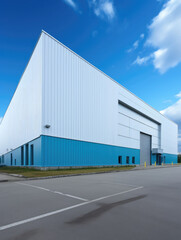 Fototapeta premium Large Industrial Warehouse with Blue Accents Against Cloudy Sky