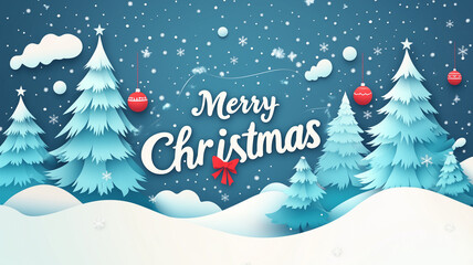 Merry Christmas background for Greeting cards with christmas tree landscape and snowing paper art style. Merry Christmas vector text Calligraphic Lettering. illustration. Christmas greeting card.