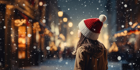 Naklejka premium Happy girl wearing a santa hat is gazing upat a storefront decorated for christmas as snow falls on a winter evening. Happy New Year and Merry Christmas!