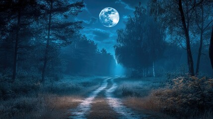 Moonlit pathway through dense forest