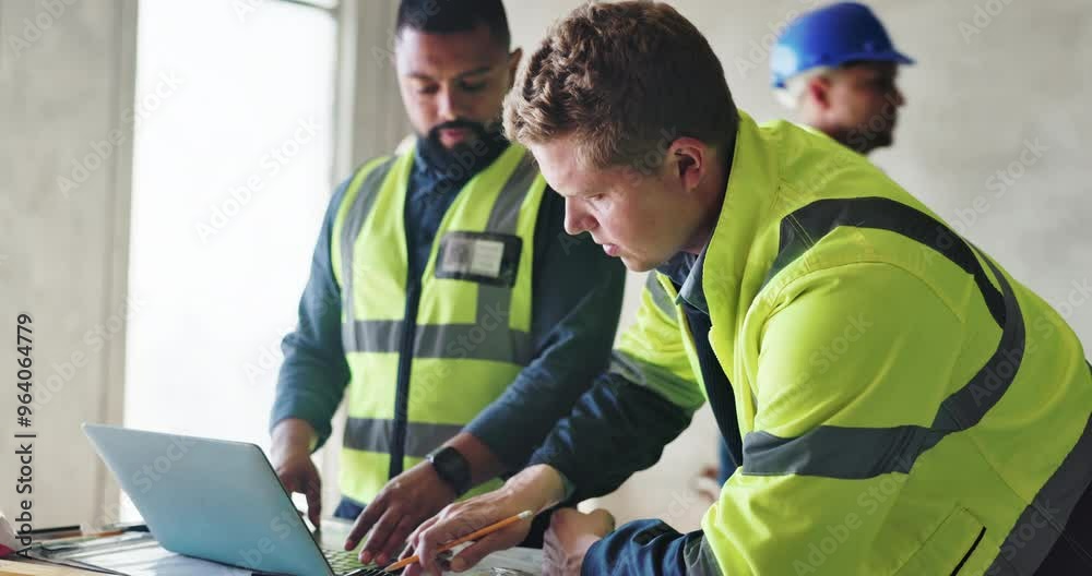 Poster Teamwork, planning and architecture with people and laptop for construction site, blueprint and building renovation. Collaboration, project management and engineering with contractor for design