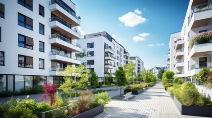 Fototapeta premium Modern Apartment Complex with Landscaped Courtyard