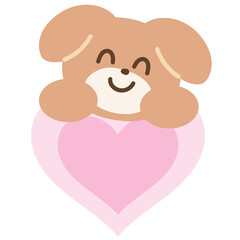Smiling puppy and pink heart for Valentine, adopt pet, rescue animal, pet shop, cartoon character, mascot, souvenir shop, cute patch, brooch, shirt print, dog doll, kid toy, sticker, love sign, comic