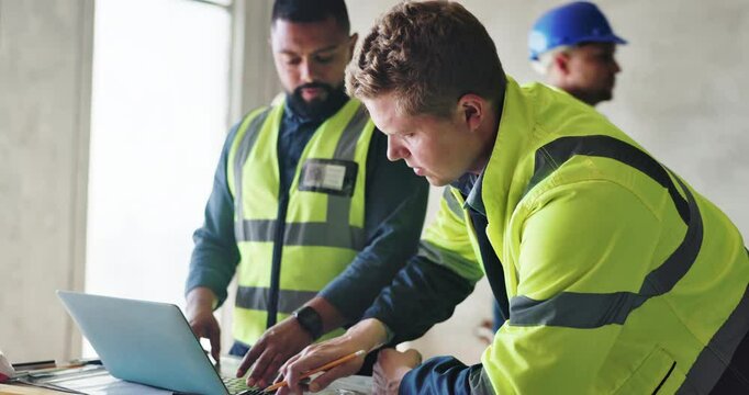 Teamwork, planning and architecture with people and laptop for construction site, blueprint and building renovation. Collaboration, project management and engineering with contractor for design