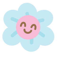 Illustration of smiling pastel blue and pink flower for floral print, cartoon character, comic, mascot, spring time, summer break, blossom, nature, garden, yard, park, sticker, cute patches, brooch