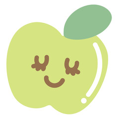 Smiling green apple illustration for fruit, vegan, grocery shopping, supermarket, ingredients, healthy snack, cartoon character, mascot, summer break, blossom, nature, garden, sticker, patch, brooch