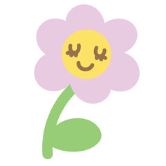 Illustration of smiling pink flower with green leaf for floral print, cartoon character, comic, mascot, spring time, summer break, blossom, nature, garden, yard, park, sticker, cute patches, brooch