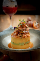 PERUVIAN CEVICHE, typical food from the coast of Peru, on the table of a typical restaurant.
