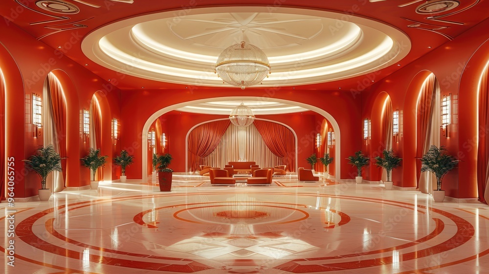 Poster A spacious lobby with a circular structure and a red cream color scheme, red walls and cream yellow ceilings. Generative AI.