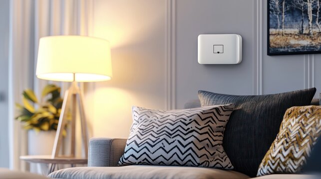Elegant wall-mounted power adapter in a contemporary living room setting, with a cozy sofa, decorative pillows, and a sleek lamp