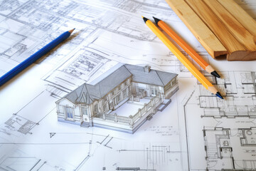 Architectural Blueprints and Wooden House Model Display