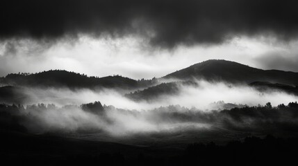Ominous fog rolling over desolate landscape