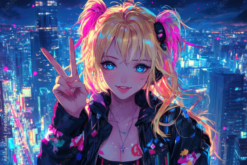 Sticker An anime-style girl with blonde hair and blue eyes, making a peace sign with her right hand, wearing a black jacket with pink flowers on it.