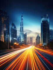 Fototapeta premium Futuristic Cityscape with Traffic Light Trails at Dusk