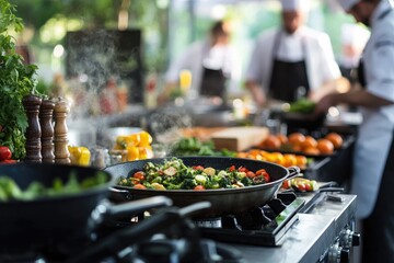 A close-up of a pan of steaming vegetables. This image is perfect for websites and blogs about healthy cooking, food preparation, and vegetarian recipes.