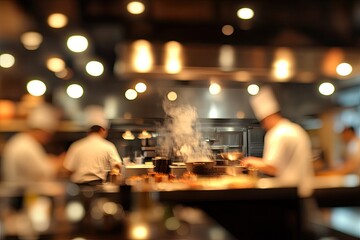 Naklejka premium Blurred kitchen with chefs cooking. This photo is perfect for restaurant or cooking-related websites, articles or social media.