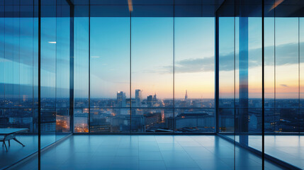 Fototapeta premium Modern Office with Panoramic City View at Dusk