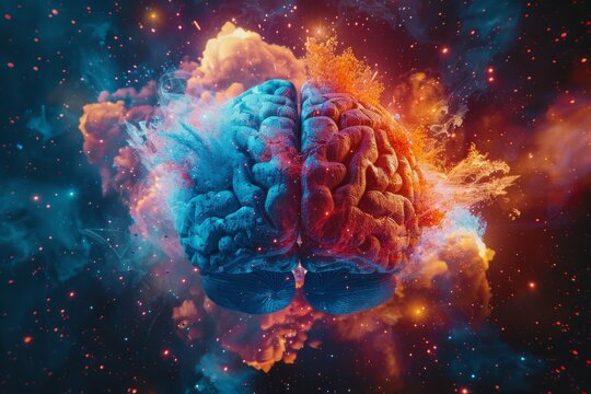 Human brain exploding with vibrant colors and light, symbolizing creativity and ideas, AI Generative