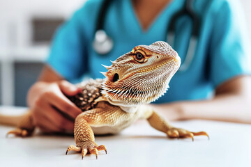 Bearded dragon on white table being examined by veterinarian in blue coat with stethoscope. Close-up of lizard.Generative AI
