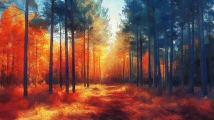 Obraz premium Pine forest rendered in abstract expressionism style, employing bold brushstrokes and vivid colors to convey the essence and atmosphere of the forest in an artistic manner.