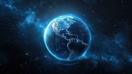 Obraz premium Futuristic Earth Hologram with Vibrant Neon Blue Glowing Continents in Space Surrounded by Digital Grids - Sci-Fi Concept Art