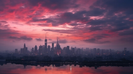 Fototapeta premium Dramatic Sunset Over City Skyline With Reflection