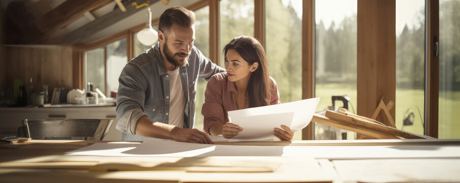 Young Couple Reviewing Plans for Home Renovation